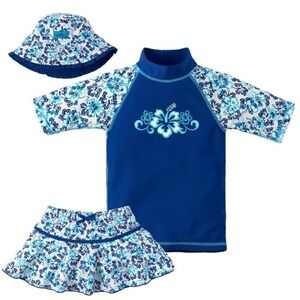 UV‎ SKINZ UPF 50+ Girls 3-Piece Swim Set - Blue Hibiscus, Swimsuit, Swim Skirt